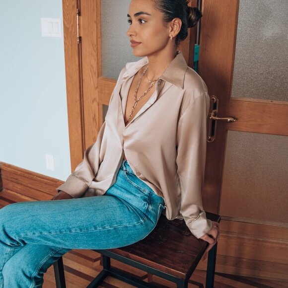 New Champagne Silky Button Down Blouse - Picture 3 of 5